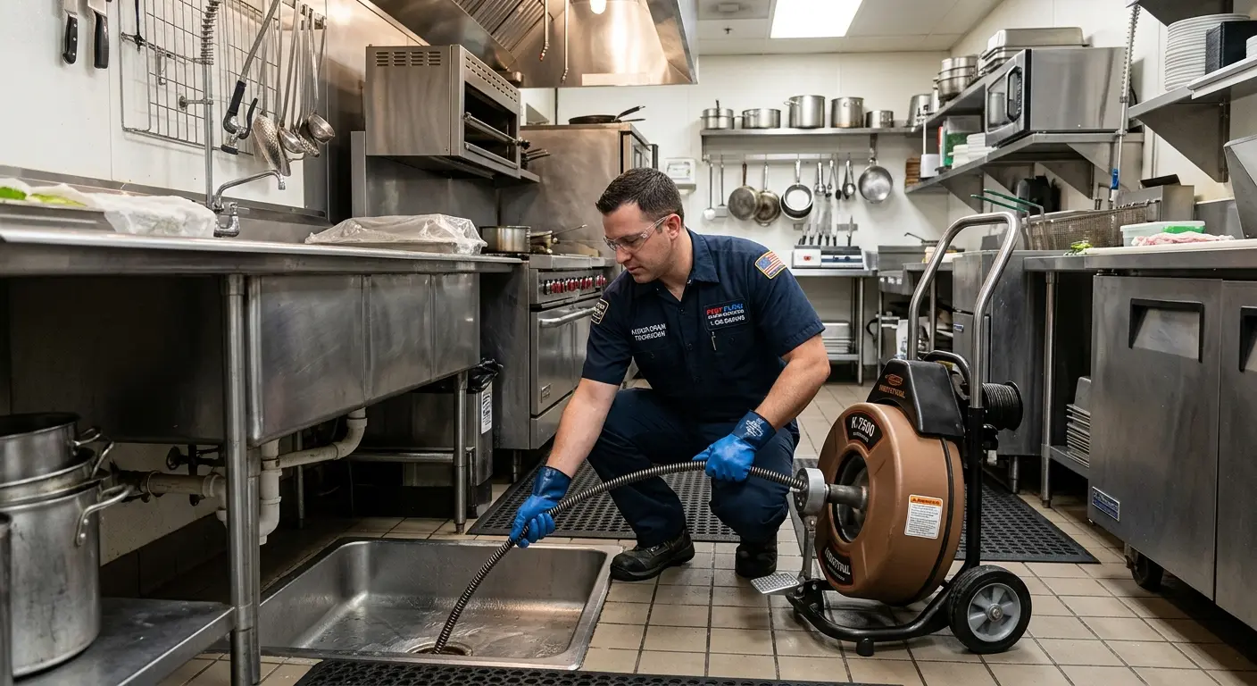 Commercial drain cleaning service in a restaurant kitchen in Windsor Locks