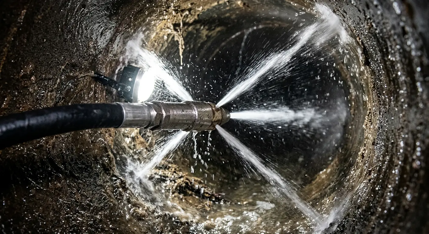 High-pressure hydro jetting nozzle cleaning sewer pipe for Storm Drain Cleaning in Windsor Locks