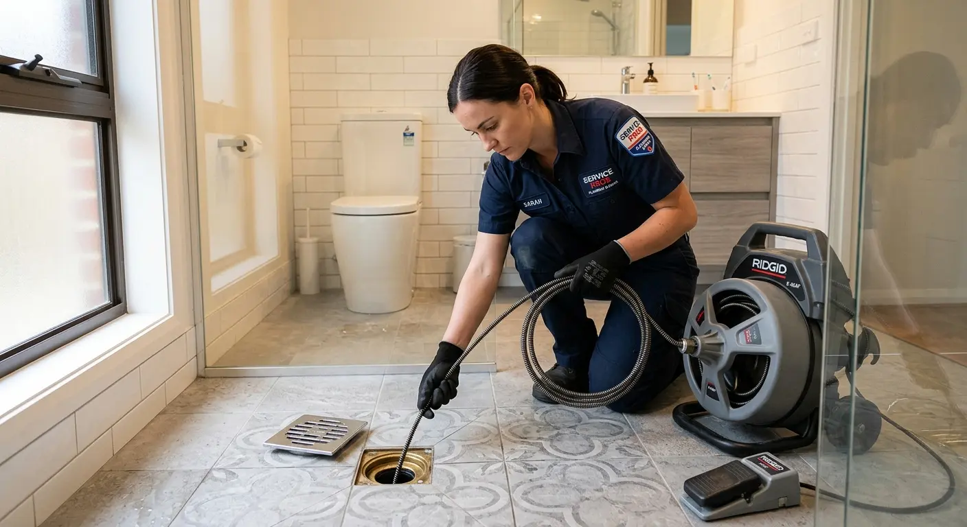 Technician clearing a bathroom floor drain for Hydro Jetting in Windsor Locks